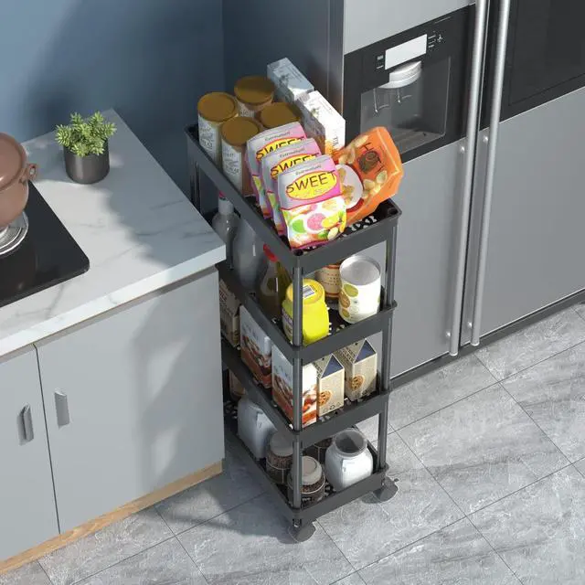 Alt view image 2 of 7 - 4 Tier Wide Storage Cart, Mobile Shelving Unit Organizer, Black | Slide Out Storage Rolling Utility Cart Tower Rack for Kitchen Bathroom Laundry, Plastic & Stainless Steel