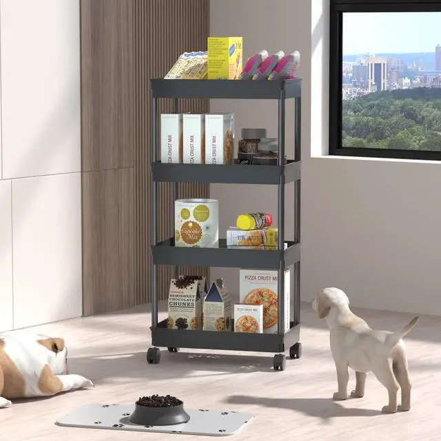 Alt view image 6 of 7 - 4 Tier Wide Storage Cart, Mobile Shelving Unit Organizer, Black | Slide Out Storage Rolling Utility Cart Tower Rack for Kitchen Bathroom Laundry, Plastic & Stainless Steel