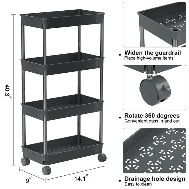 Alt view image 7 of 7 - 4 Tier Wide Storage Cart, Mobile Shelving Unit Organizer, Black | Slide Out Storage Rolling Utility Cart Tower Rack for Kitchen Bathroom Laundry, Plastic & Stainless Steel