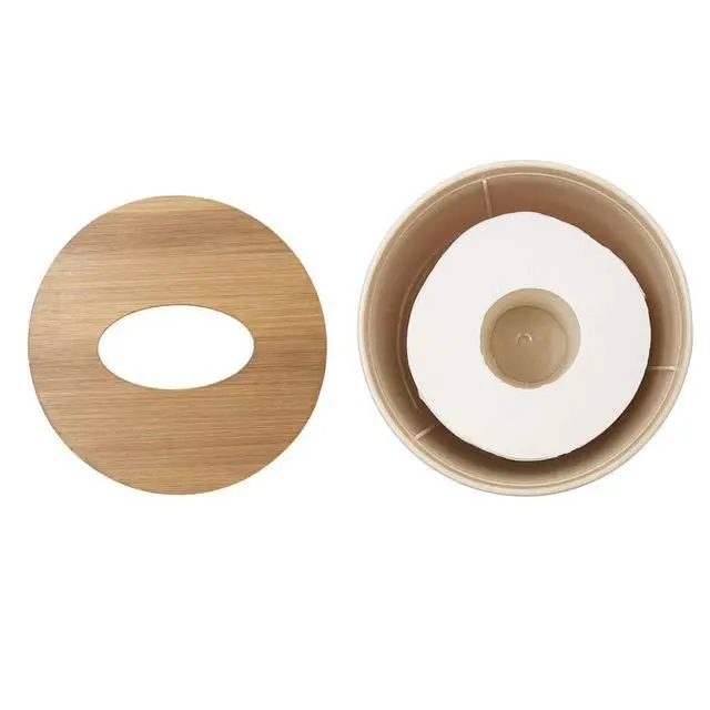 Alt view image 2 of 3 - Toilet Paper Roll Dispenser with Bamboo Lid, Decorative Round Paper Holder, Bathroom Tissue Box Cover