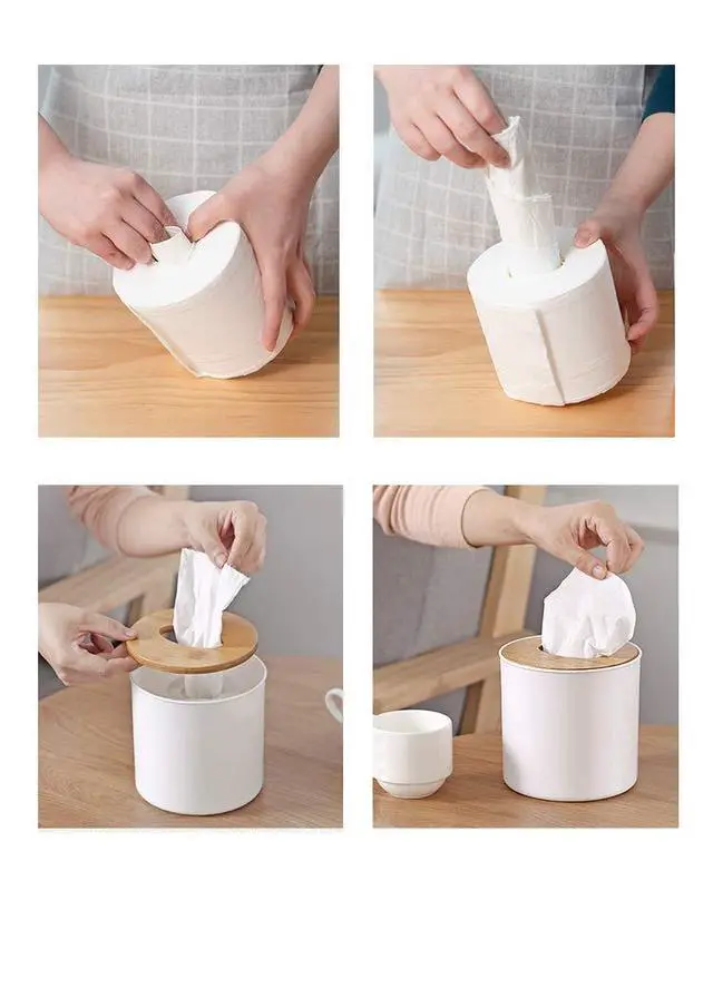Alt view image 3 of 3 - Toilet Paper Roll Dispenser with Bamboo Lid, Decorative Round Paper Holder, Bathroom Tissue Box Cover