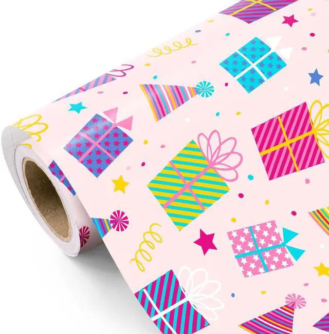 Main image of Birthday Wrapping Paper Roll - Mini Roll - 17 Inch x 9.8 Feet - Birthday Gift Boxes on Pink Wrapping Paper for Girls Women, Baby Shower, Wedding