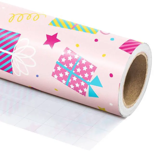 Alt view image 2 of 7 - Birthday Wrapping Paper Roll - Mini Roll - 17 Inch x 9.8 Feet - Birthday Gift Boxes on Pink Wrapping Paper for Girls Women, Baby Shower, Wedding