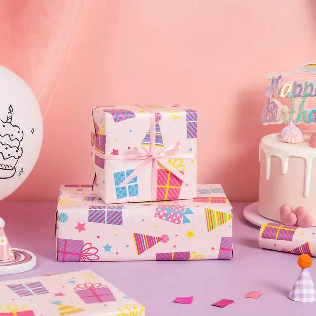 Alt view image 4 of 7 - Birthday Wrapping Paper Roll - Mini Roll - 17 Inch x 9.8 Feet - Birthday Gift Boxes on Pink Wrapping Paper for Girls Women, Baby Shower, Wedding