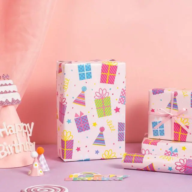 Alt view image 5 of 7 - Birthday Wrapping Paper Roll - Mini Roll - 17 Inch x 9.8 Feet - Birthday Gift Boxes on Pink Wrapping Paper for Girls Women, Baby Shower, Wedding