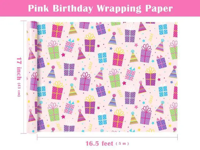 Alt view image 3 of 7 - Birthday Wrapping Paper Roll - Mini Roll - 17 Inch x 9.8 Feet - Birthday Gift Boxes on Pink Wrapping Paper for Girls Women, Baby Shower, Wedding