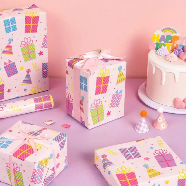 Alt view image 6 of 7 - Birthday Wrapping Paper Roll - Mini Roll - 17 Inch x 9.8 Feet - Birthday Gift Boxes on Pink Wrapping Paper for Girls Women, Baby Shower, Wedding