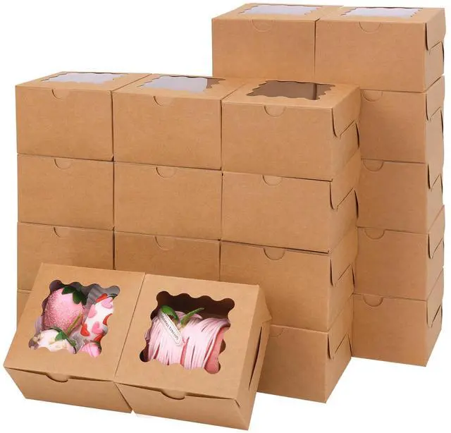 Main image of 24pcs Small Cookie Boxes with Window, 4x4x2.5In Brown Bakery Boxes | Kraft Treat Boxes, Fit Small Cookies and Pastries, Suitable for Party Favors and Gifts
