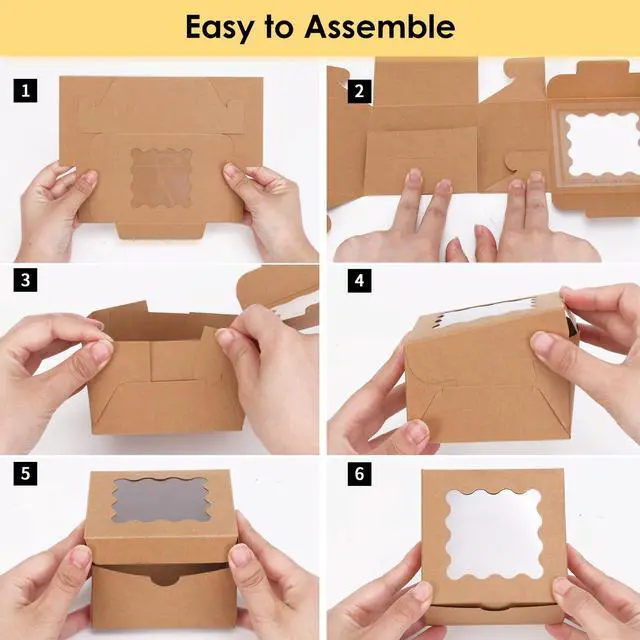 Alt view image 4 of 7 - 24pcs Small Cookie Boxes with Window, 4x4x2.5In Brown Bakery Boxes | Kraft Treat Boxes, Fit Small Cookies and Pastries, Suitable for Party Favors and Gifts