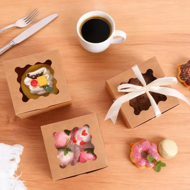 Alt view image 5 of 7 - 24pcs Small Cookie Boxes with Window, 4x4x2.5In Brown Bakery Boxes | Kraft Treat Boxes, Fit Small Cookies and Pastries, Suitable for Party Favors and Gifts