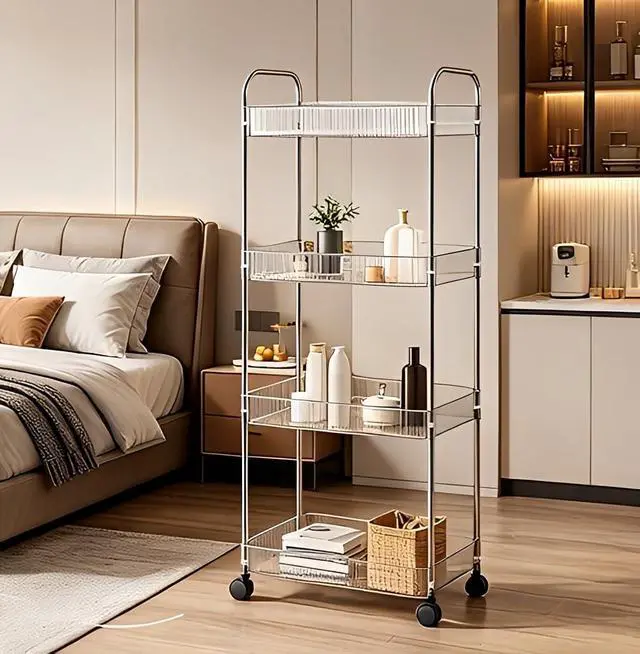 Alt view image 2 of 7 - Clear 4-Tier Plastic Rolling Utility Cart with Wheels | Multi-Functional Storage Trolley, For Office, Living Room, Kitchen, Movable Storage Organizer