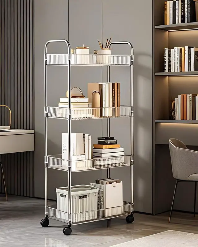Alt view image 3 of 7 - Clear 4-Tier Plastic Rolling Utility Cart with Wheels | Multi-Functional Storage Trolley, For Office, Living Room, Kitchen, Movable Storage Organizer