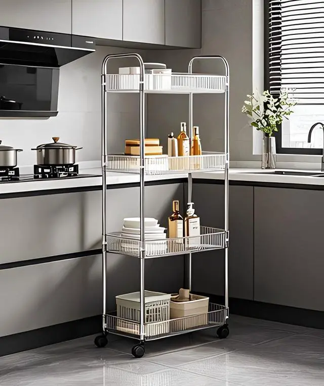 Alt view image 4 of 7 - Clear 4-Tier Plastic Rolling Utility Cart with Wheels | Multi-Functional Storage Trolley, For Office, Living Room, Kitchen, Movable Storage Organizer