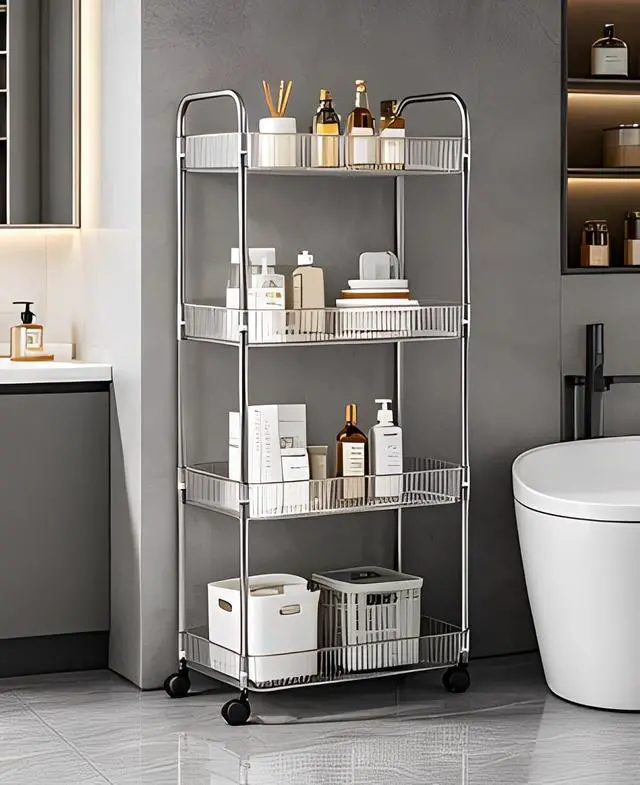 Alt view image 5 of 7 - Clear 4-Tier Plastic Rolling Utility Cart with Wheels | Multi-Functional Storage Trolley, For Office, Living Room, Kitchen, Movable Storage Organizer