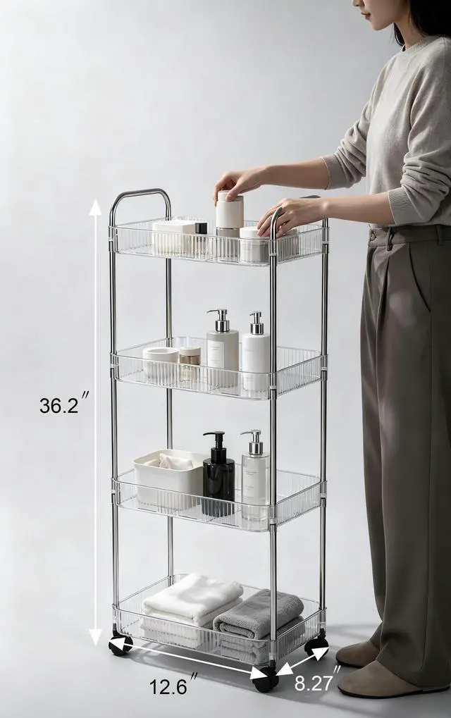 Alt view image 6 of 7 - Clear 4-Tier Plastic Rolling Utility Cart with Wheels | Multi-Functional Storage Trolley, For Office, Living Room, Kitchen, Movable Storage Organizer