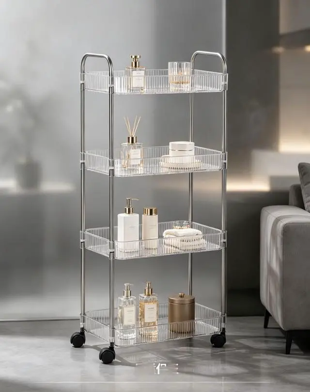 Alt view image 7 of 7 - Clear 4-Tier Plastic Rolling Utility Cart with Wheels | Multi-Functional Storage Trolley, For Office, Living Room, Kitchen, Movable Storage Organizer