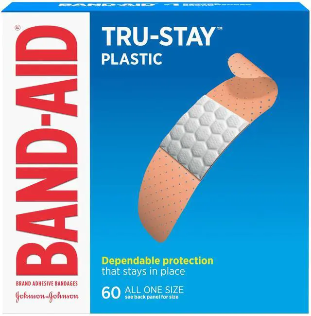 Main image of Brand Tru-Stay Plastic Adhesive Bandages, All One Size, 60 Count | Dependable Protection, Sterile Wound Care for Minor Cuts, Scrapes & Burns, First Aid Kit Essential, Quilted Comfort Pad