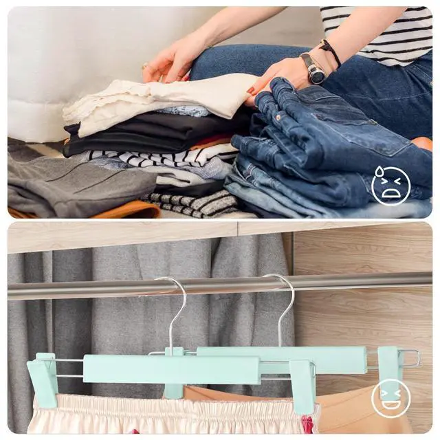 Alt view image 5 of 7 - Clothes Pants Hangers, Space-Saving Skirt Holders with 360 ° Swivel Hooks, Adjustable Clips, Trouser Hangers, Clothes Coat Garment Jeans Hangers (10 Pack, Green)