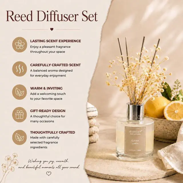 Alt view image 4 of 7 - Reed Diffuser Set,3.38 fl oz (100 ml) - Clean Linen Oil Diffusers with 8 Reed Sticks,Home Fragrance Reed Diffuser for Bathroom Shelf Decor