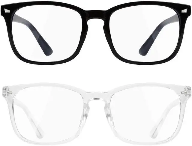 Main image of Blue Light Glasses for Men and Women, 2 Pack Non-Prescription Computer Glasses for Screen Use, Lightweight Fashion Eyeglasses for Office, Reading and Gaming, Black & Clear
