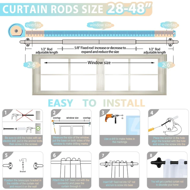 Alt view image 7 of 7 - Wrap Around Curtain Rods,Black Curtain Rods 28 to 48 Inch,5/8 Inch Adjustable Blackout Curtain Rod Set,Room Darkening Single Window Rod,Metal Thicken Hidden Curved Drapery Rod 28-48",Matte Black