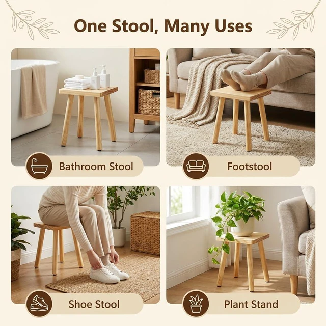 Alt view image 6 of 7 - 9.5 Inch Wooden Step Stool, Solid Square Sitting Stools for Adults Kids, Multi-Purpose Short Chair Perfect Matched Sensory Table, 4-Legged Small Foot Rest Stool for Playroom, Kitchen, Bedroom
