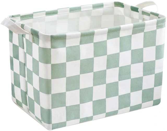Main image of Sage Green Checkered Canvas Basket, Rectangular Organizing Decorative Storage Basket for Kids, Dog Toy, Cute Aesthetic Checkered Room Decor for Home, Kitchen, Bedroom, Classroom, Shelves