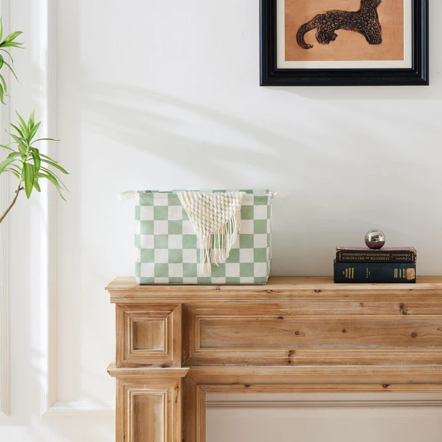 Alt view image 2 of 7 - Sage Green Checkered Canvas Basket, Rectangular Organizing Decorative Storage Basket for Kids, Dog Toy, Cute Aesthetic Checkered Room Decor for Home, Kitchen, Bedroom, Classroom, Shelves