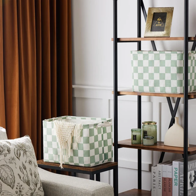 Alt view image 3 of 7 - Sage Green Checkered Canvas Basket, Rectangular Organizing Decorative Storage Basket for Kids, Dog Toy, Cute Aesthetic Checkered Room Decor for Home, Kitchen, Bedroom, Classroom, Shelves