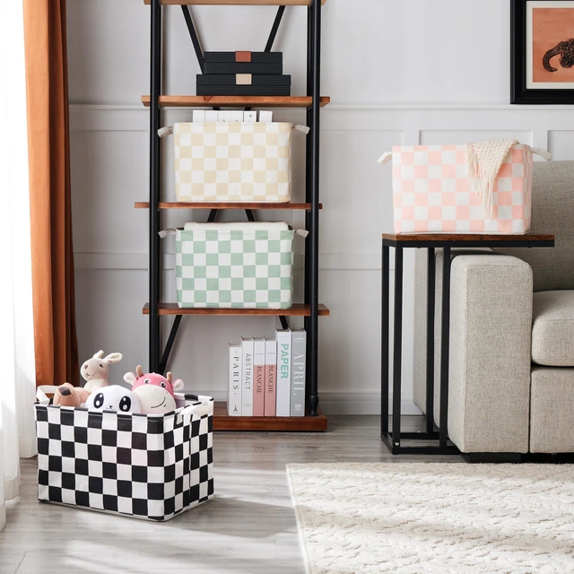 Alt view image 4 of 7 - Sage Green Checkered Canvas Basket, Rectangular Organizing Decorative Storage Basket for Kids, Dog Toy, Cute Aesthetic Checkered Room Decor for Home, Kitchen, Bedroom, Classroom, Shelves