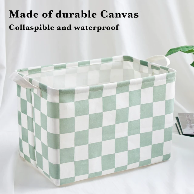 Alt view image 6 of 7 - Sage Green Checkered Canvas Basket, Rectangular Organizing Decorative Storage Basket for Kids, Dog Toy, Cute Aesthetic Checkered Room Decor for Home, Kitchen, Bedroom, Classroom, Shelves