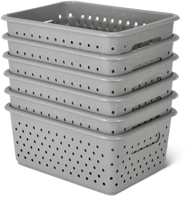 Main image of \ Decorative BPA-Free Plastic Storage Baskets, 9.9 x 7.4 x 4.16 inches, Grey, 6-Pack
