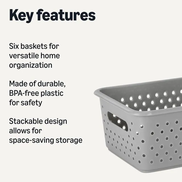 Alt view image 2 of 5 - \ Decorative BPA-Free Plastic Storage Baskets, 9.9 x 7.4 x 4.16 inches, Grey, 6-Pack