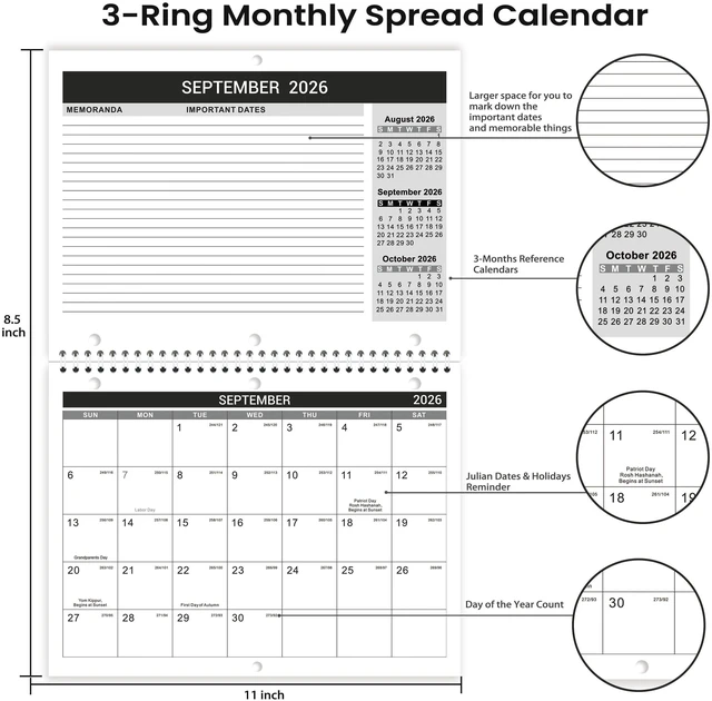 Alt view image 4 of 7 - Calendar 2026-2027 - Wall Calendar 2026-2027, 8.5" x 11", 18 Month from Jul. 2026 to Dec. 2027, 3-Hole Punched Binder Calendar with Memo Pages, Twin-Wire Binding, Holidays, For Desk or Wall, Black