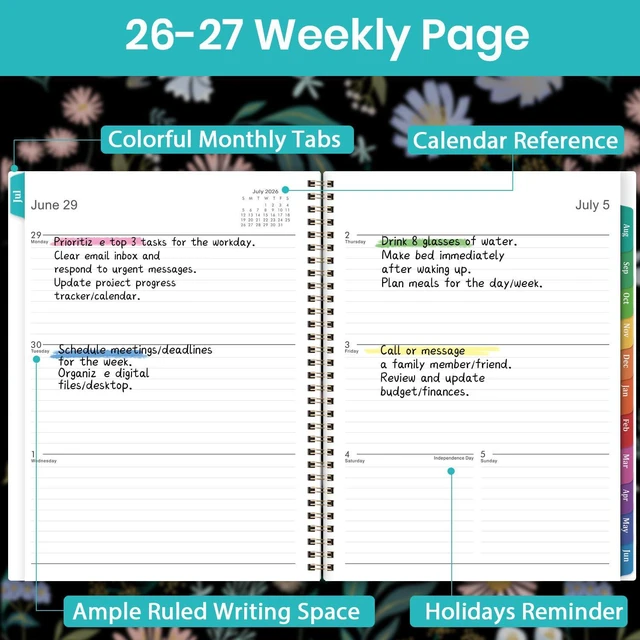 Alt view image 5 of 7 - Planner 2026-2027, 9" x 11", JULY 2026 - JUNE 2027, Calendar Planner | 2026-2027 Planner Weekly and Monthly, Academic Planner, Monthly Calendar with Colorful Tabs, Spiral Binding, Pocket - Black