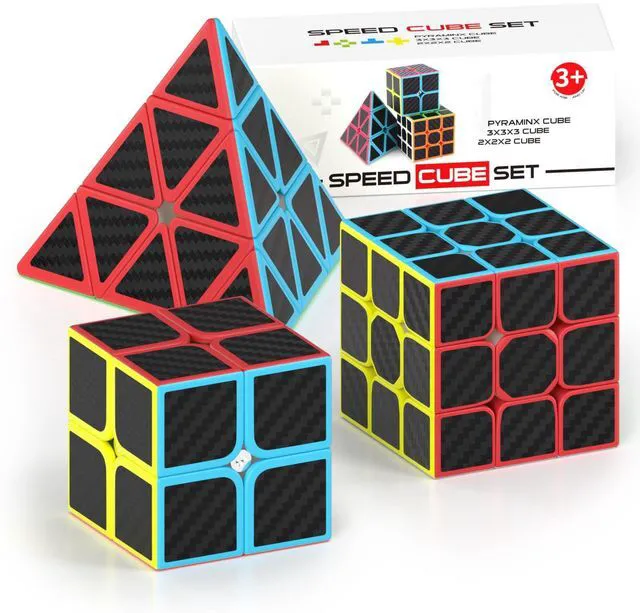 Main image of Speed Cube Set, 2x2x2 3x3x3 Pyramid Magic Cube Set, Puzzle Cube Toys Birthday Party Christmas Stocking Stuffers Gift for Kids Teens Adults(Carbon Fiber Sticker)