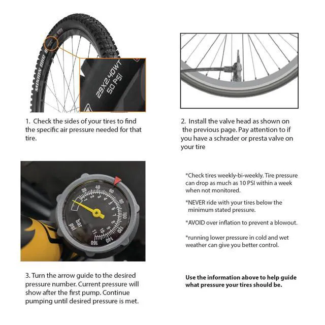 Alt view image 7 of 7 - Bike Pump out of durable Steel - Bicycle pump 160 PSI high Pressure, Bike Tire Pump 17/24 inch Smart Valve Head, Schrader bike pump with gauge, Automatically Reversible Presta & Schrader, ball pump