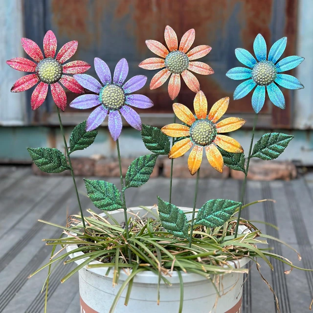 Alt view image 2 of 7 - Metal Flowers for Outside,5 Pack 16.15" Decorative Garden Stakes | With Swaying Flowers Head Yard Art,Spring Garden Decor for Lawn, Pathway & Yard