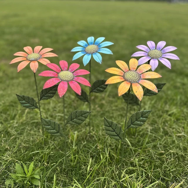 Alt view image 4 of 7 - Metal Flowers for Outside,5 Pack 16.15" Decorative Garden Stakes | With Swaying Flowers Head Yard Art,Spring Garden Decor for Lawn, Pathway & Yard