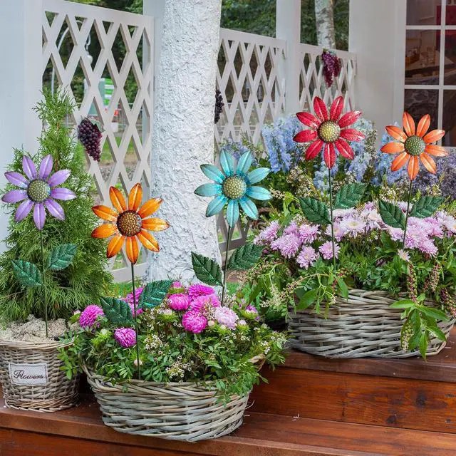 Alt view image 5 of 7 - Metal Flowers for Outside,5 Pack 16.15" Decorative Garden Stakes | With Swaying Flowers Head Yard Art,Spring Garden Decor for Lawn, Pathway & Yard