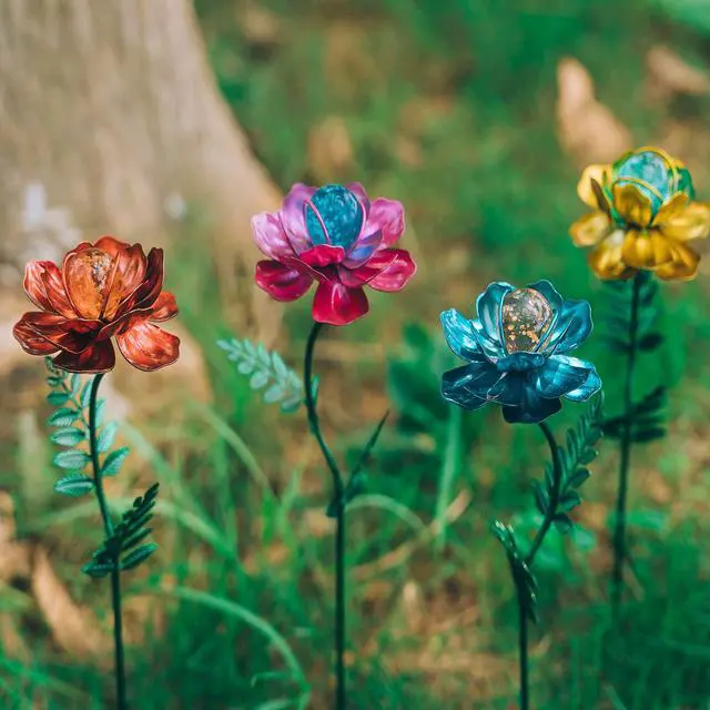 Alt view image 3 of 7 - 4 Pack Flower Garden Stakes Decor, 12.9 inch Metal Flowers Outdoor Decor Waterproof Metal Flower Sticks for Patio, Lawn, Yard Decorations
