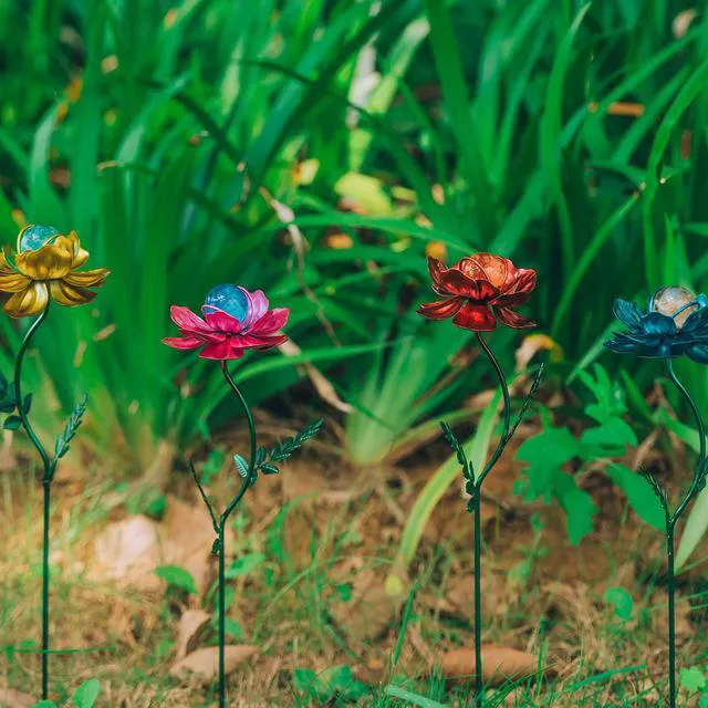 Alt view image 4 of 7 - 4 Pack Flower Garden Stakes Decor, 12.9 inch Metal Flowers Outdoor Decor Waterproof Metal Flower Sticks for Patio, Lawn, Yard Decorations