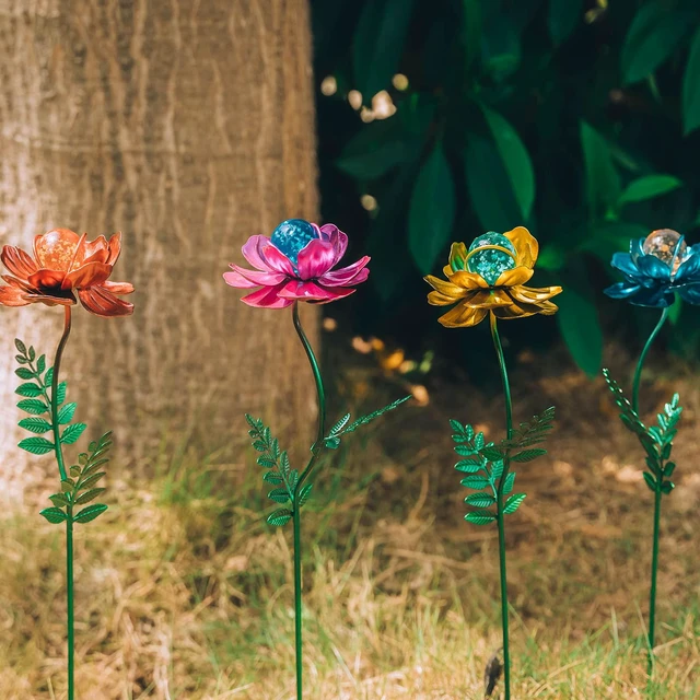 Alt view image 7 of 7 - 4 Pack Flower Garden Stakes Decor, 12.9 inch Metal Flowers Outdoor Decor Waterproof Metal Flower Sticks for Patio, Lawn, Yard Decorations