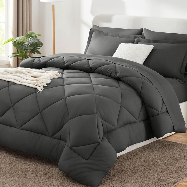 Main image of Queen Comforter Set 88"x88" Dark Grey - 7 Piece Bed in a Bag | Fits Mattresses up to 14in, Sheets & Shams Included, OEKO-TEX Certified, 240GSM All-Season Fill, Couples & Guest Rooms