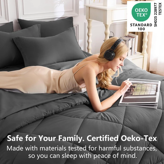 Alt view image 3 of 7 - Queen Comforter Set 88"x88" Dark Grey - 7 Piece Bed in a Bag | Fits Mattresses up to 14in, Sheets & Shams Included, OEKO-TEX Certified, 240GSM All-Season Fill, Couples & Guest Rooms
