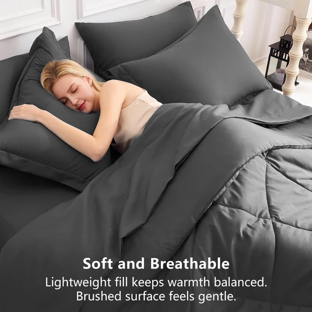Alt view image 4 of 7 - Queen Comforter Set 88"x88" Dark Grey - 7 Piece Bed in a Bag | Fits Mattresses up to 14in, Sheets & Shams Included, OEKO-TEX Certified, 240GSM All-Season Fill, Couples & Guest Rooms
