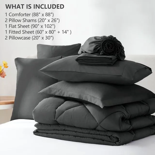 Alt view image 6 of 7 - Queen Comforter Set 88"x88" Dark Grey - 7 Piece Bed in a Bag | Fits Mattresses up to 14in, Sheets & Shams Included, OEKO-TEX Certified, 240GSM All-Season Fill, Couples & Guest Rooms