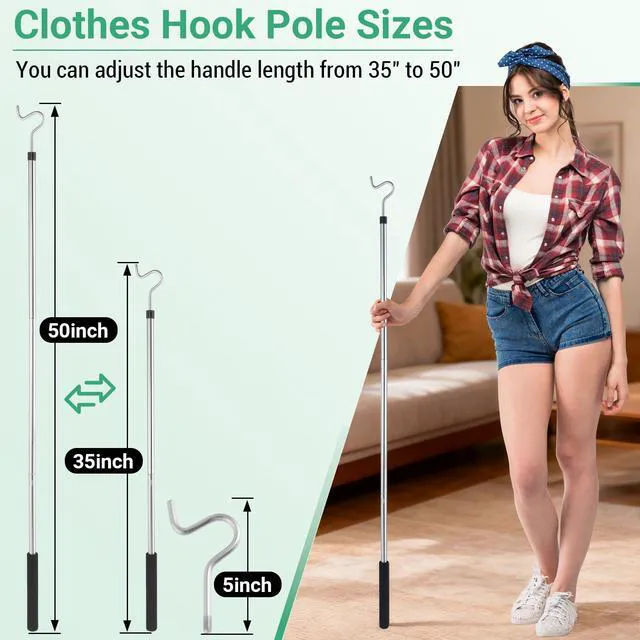 Alt view image 2 of 7 - Clothes Hook Pole, High Reach Garment Hook for Hanging Clothes Light and Plants Extendable from 35" to 50" Made of Stainless Steel Tube with Sponge Handle(1)