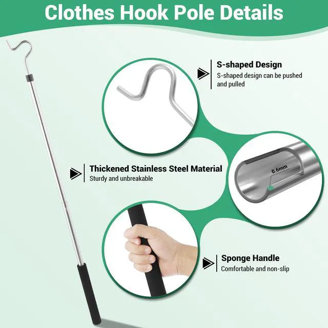 Alt view image 3 of 7 - Clothes Hook Pole, High Reach Garment Hook for Hanging Clothes Light and Plants Extendable from 35" to 50" Made of Stainless Steel Tube with Sponge Handle(1)