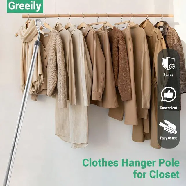 Alt view image 7 of 7 - Clothes Hook Pole, High Reach Garment Hook for Hanging Clothes Light and Plants Extendable from 35" to 50" Made of Stainless Steel Tube with Sponge Handle(1)